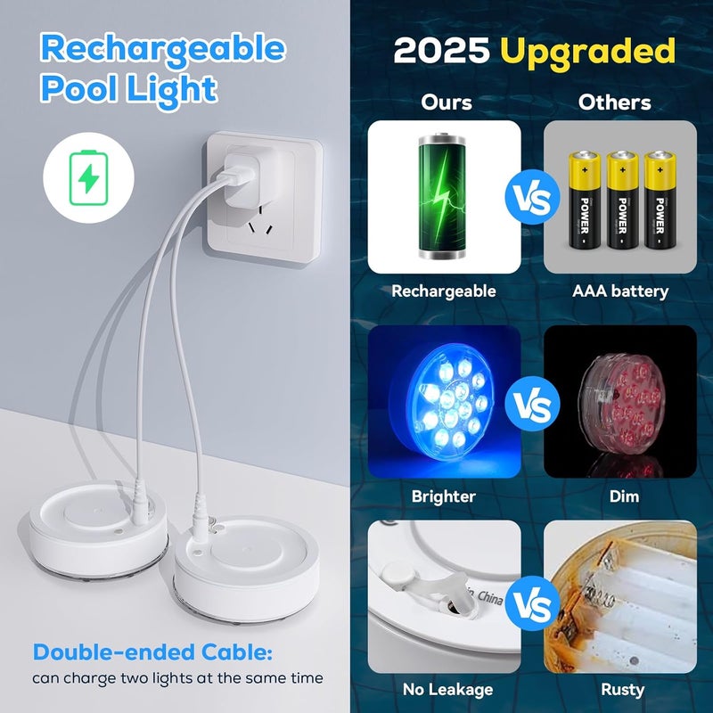 VICHTOP Pool Lights - 2 Pack, Rechargeable Submersible LED Pool Lights with Remote, IP68 Waterproof Pool Decor Light for Inground Pools, Above Ground Pools, Parties, Hot Tubs, Vase Bases - Image 4